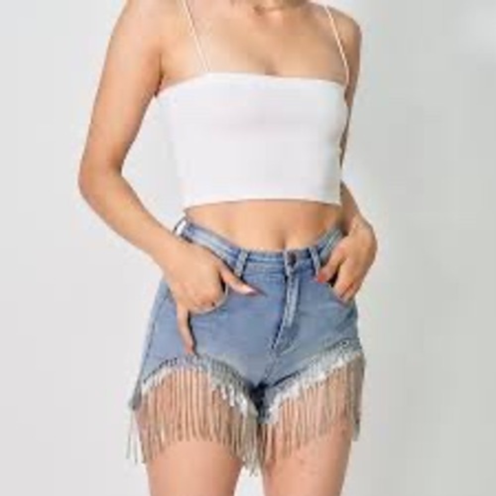 JW Signature Los Angeles Rhinestone Fringe Denim Shorts Blue JWSP01 Medium